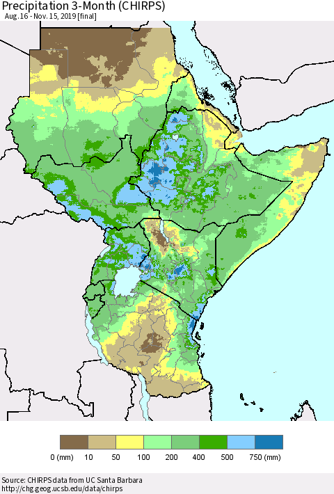 Eastern Africa Precipitation 3-Month (CHIRPS) Thematic Map For 8/16/2019 - 11/15/2019