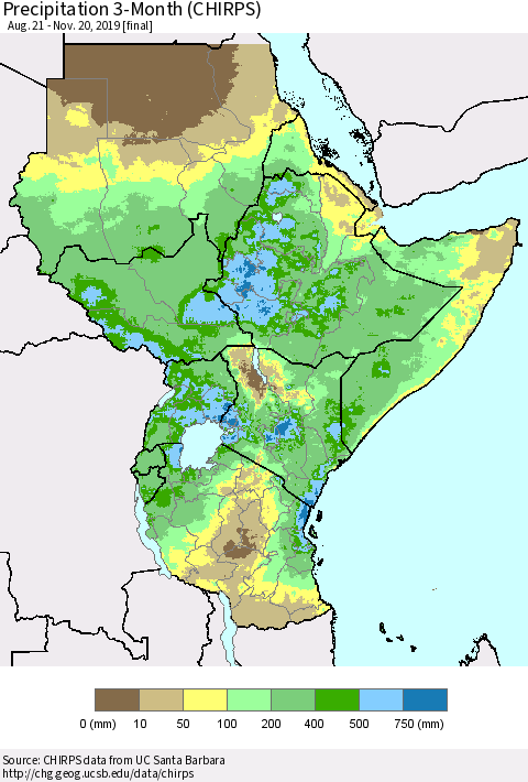 Eastern Africa Precipitation 3-Month (CHIRPS) Thematic Map For 8/21/2019 - 11/20/2019