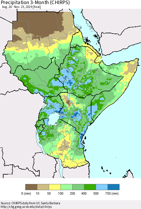 Eastern Africa Precipitation 3-Month (CHIRPS) Thematic Map For 8/26/2019 - 11/25/2019