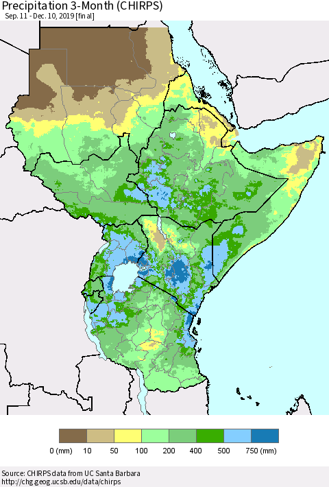 Eastern Africa Precipitation 3-Month (CHIRPS) Thematic Map For 9/11/2019 - 12/10/2019