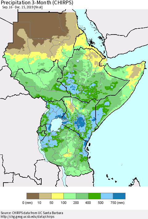 Eastern Africa Precipitation 3-Month (CHIRPS) Thematic Map For 9/16/2019 - 12/15/2019