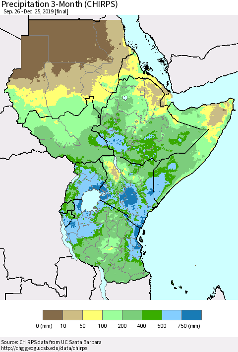 Eastern Africa Precipitation 3-Month (CHIRPS) Thematic Map For 9/26/2019 - 12/25/2019