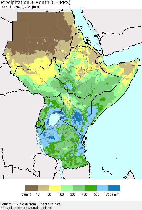 Eastern Africa Precipitation 3-Month (CHIRPS) Thematic Map For 10/11/2019 - 1/10/2020