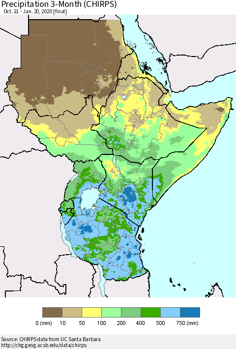 Eastern Africa Precipitation 3-Month (CHIRPS) Thematic Map For 10/21/2019 - 1/20/2020