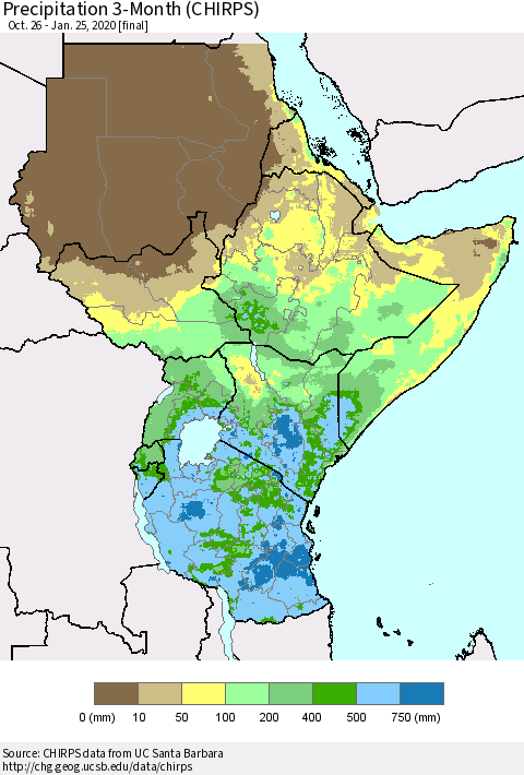 Eastern Africa Precipitation 3-Month (CHIRPS) Thematic Map For 10/26/2019 - 1/25/2020