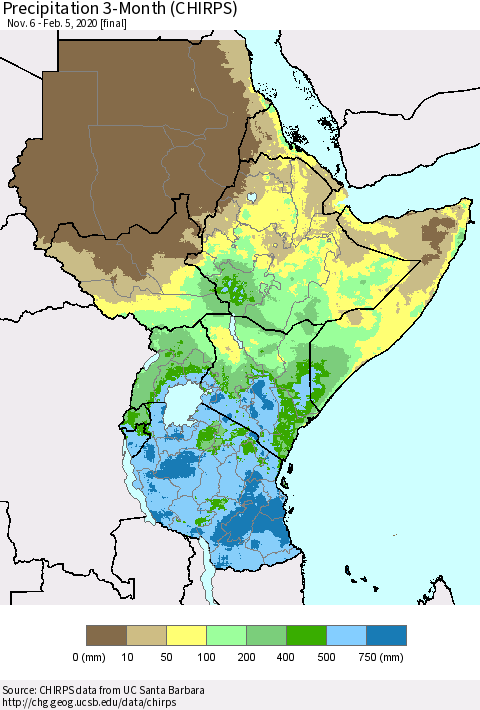 Eastern Africa Precipitation 3-Month (CHIRPS) Thematic Map For 11/6/2019 - 2/5/2020