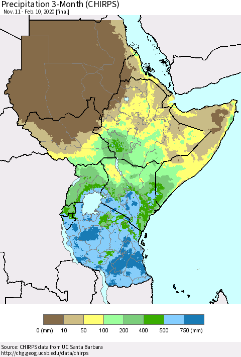 Eastern Africa Precipitation 3-Month (CHIRPS) Thematic Map For 11/11/2019 - 2/10/2020
