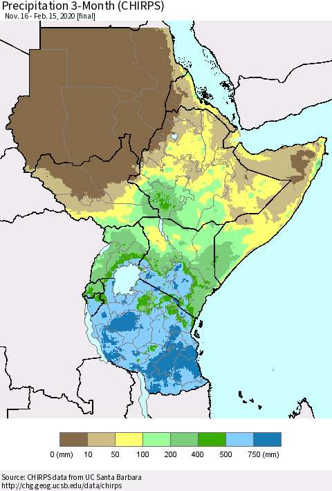 Eastern Africa Precipitation 3-Month (CHIRPS) Thematic Map For 11/16/2019 - 2/15/2020