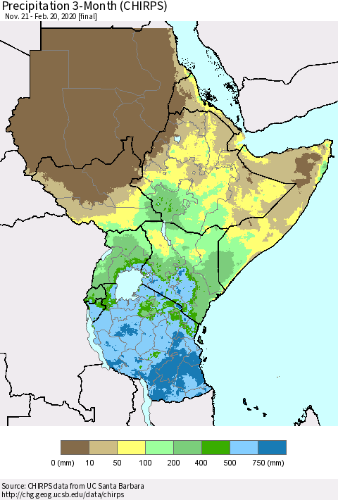 Eastern Africa Precipitation 3-Month (CHIRPS) Thematic Map For 11/21/2019 - 2/20/2020