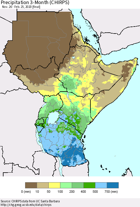 Eastern Africa Precipitation 3-Month (CHIRPS) Thematic Map For 11/26/2019 - 2/25/2020