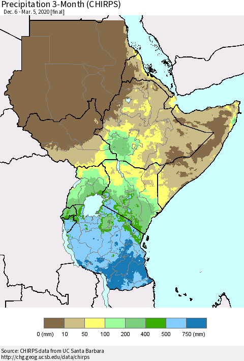 Eastern Africa Precipitation 3-Month (CHIRPS) Thematic Map For 12/6/2019 - 3/5/2020