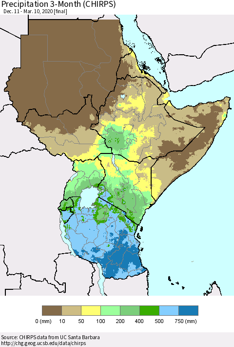 Eastern Africa Precipitation 3-Month (CHIRPS) Thematic Map For 12/11/2019 - 3/10/2020