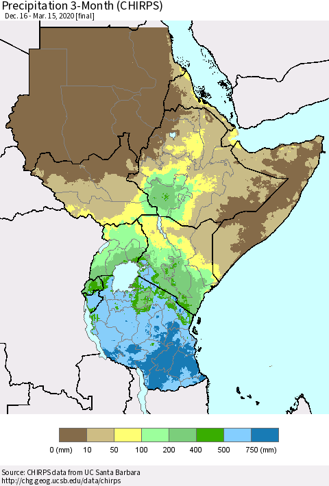 Eastern Africa Precipitation 3-Month (CHIRPS) Thematic Map For 12/16/2019 - 3/15/2020