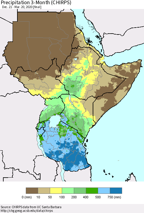 Eastern Africa Precipitation 3-Month (CHIRPS) Thematic Map For 12/21/2019 - 3/20/2020