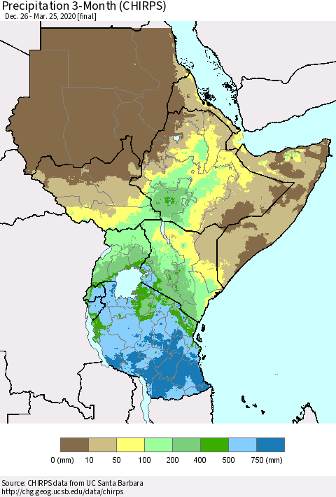 Eastern Africa Precipitation 3-Month (CHIRPS) Thematic Map For 12/26/2019 - 3/25/2020