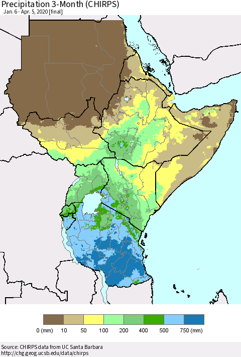 Eastern Africa Precipitation 3-Month (CHIRPS) Thematic Map For 1/6/2020 - 4/5/2020