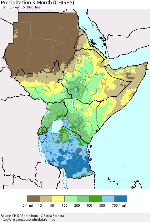 Eastern Africa Precipitation 3-Month (CHIRPS) Thematic Map For 1/16/2020 - 4/15/2020