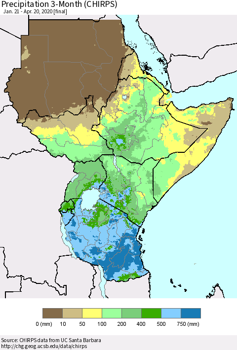 Eastern Africa Precipitation 3-Month (CHIRPS) Thematic Map For 1/21/2020 - 4/20/2020