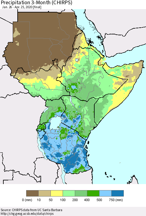 Eastern Africa Precipitation 3-Month (CHIRPS) Thematic Map For 1/26/2020 - 4/25/2020