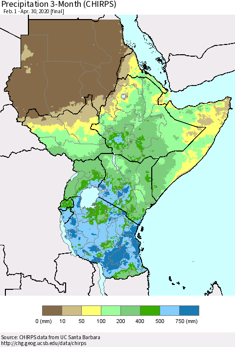 Eastern Africa Precipitation 3-Month (CHIRPS) Thematic Map For 2/1/2020 - 4/30/2020