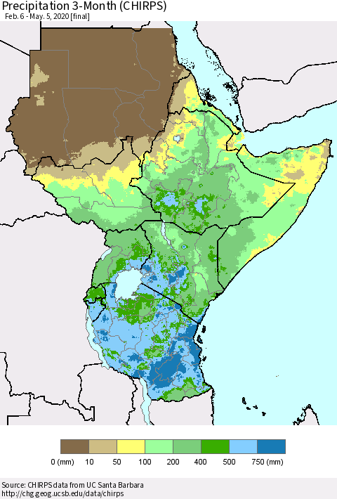Eastern Africa Precipitation 3-Month (CHIRPS) Thematic Map For 2/6/2020 - 5/5/2020