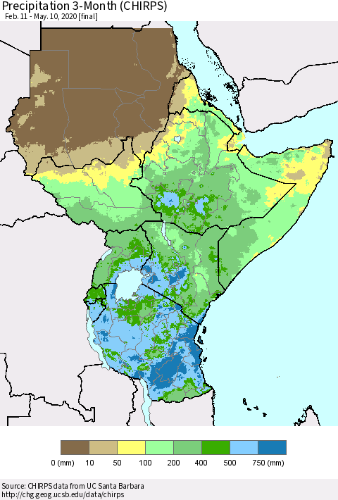 Eastern Africa Precipitation 3-Month (CHIRPS) Thematic Map For 2/11/2020 - 5/10/2020