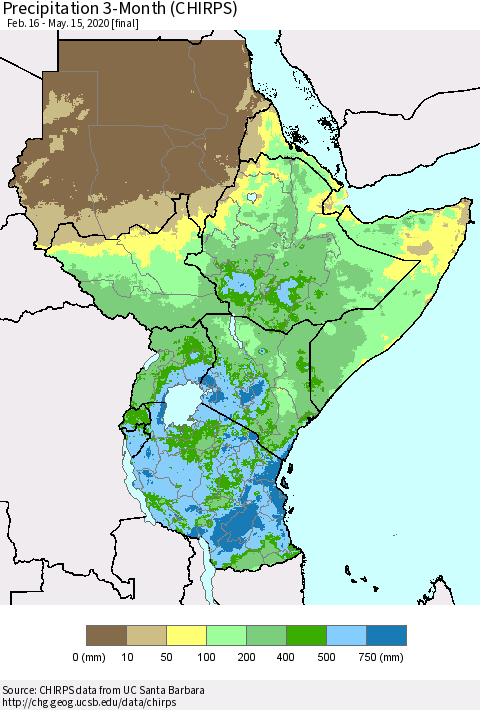 Eastern Africa Precipitation 3-Month (CHIRPS) Thematic Map For 2/16/2020 - 5/15/2020
