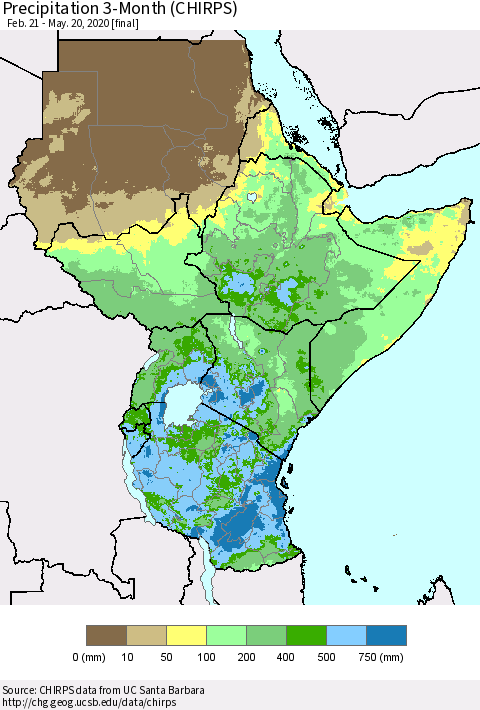 Eastern Africa Precipitation 3-Month (CHIRPS) Thematic Map For 2/21/2020 - 5/20/2020