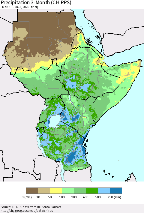 Eastern Africa Precipitation 3-Month (CHIRPS) Thematic Map For 3/6/2020 - 6/5/2020