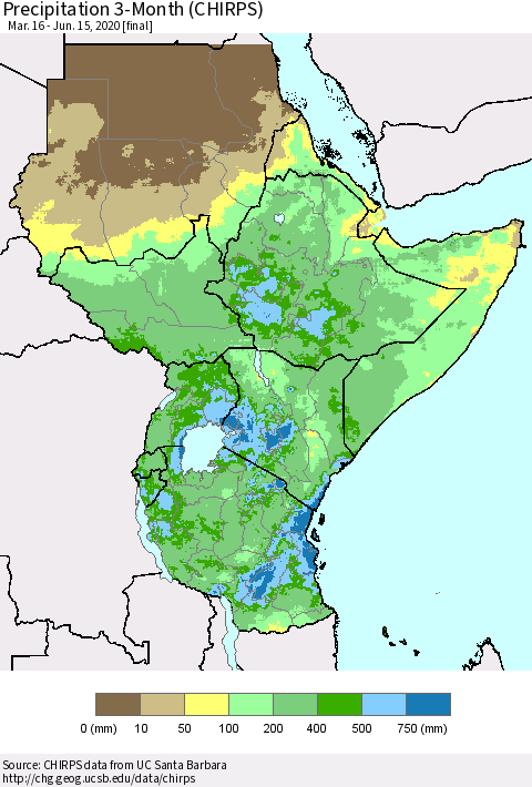Eastern Africa Precipitation 3-Month (CHIRPS) Thematic Map For 3/16/2020 - 6/15/2020