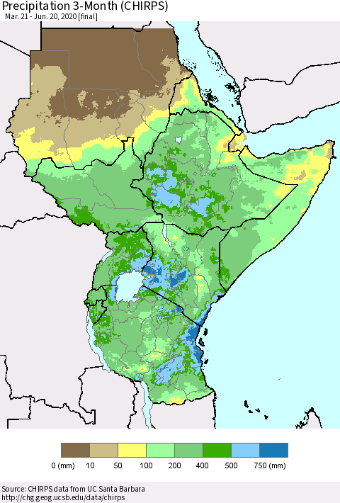 Eastern Africa Precipitation 3-Month (CHIRPS) Thematic Map For 3/21/2020 - 6/20/2020