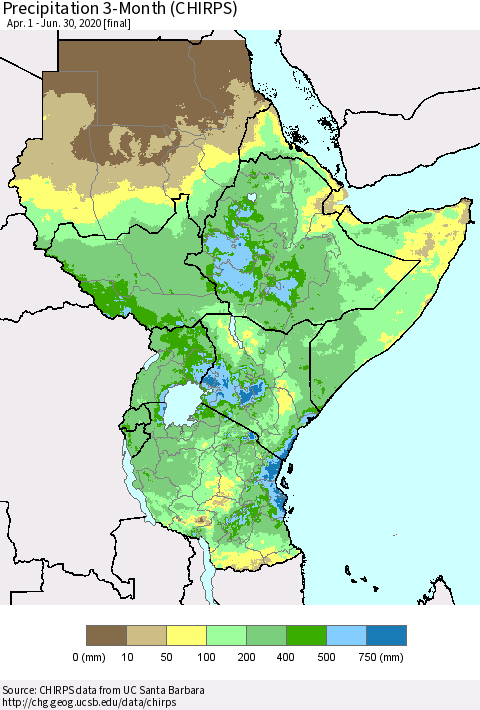 Eastern Africa Precipitation 3-Month (CHIRPS) Thematic Map For 4/1/2020 - 6/30/2020