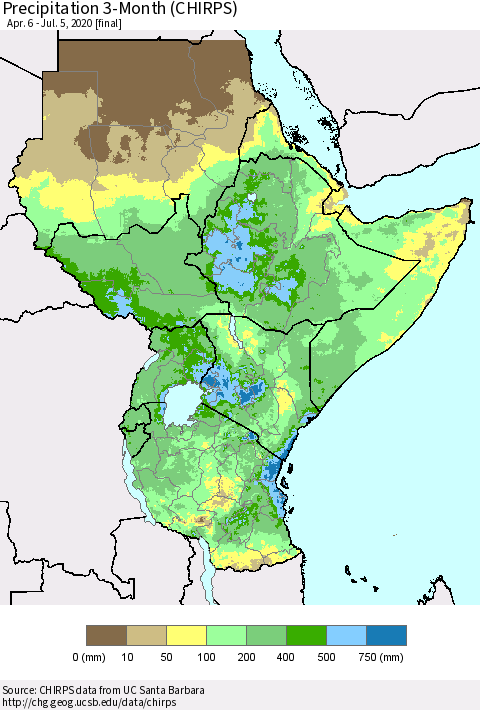 Eastern Africa Precipitation 3-Month (CHIRPS) Thematic Map For 4/6/2020 - 7/5/2020