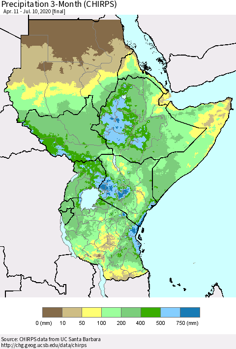 Eastern Africa Precipitation 3-Month (CHIRPS) Thematic Map For 4/11/2020 - 7/10/2020