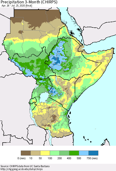 Eastern Africa Precipitation 3-Month (CHIRPS) Thematic Map For 4/26/2020 - 7/25/2020