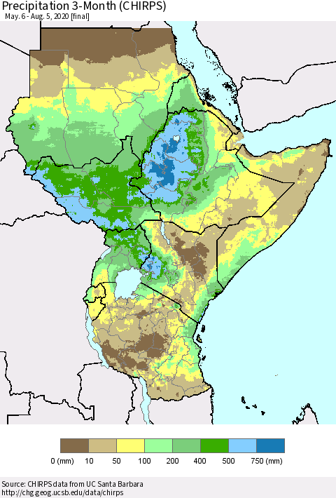 Eastern Africa Precipitation 3-Month (CHIRPS) Thematic Map For 5/6/2020 - 8/5/2020