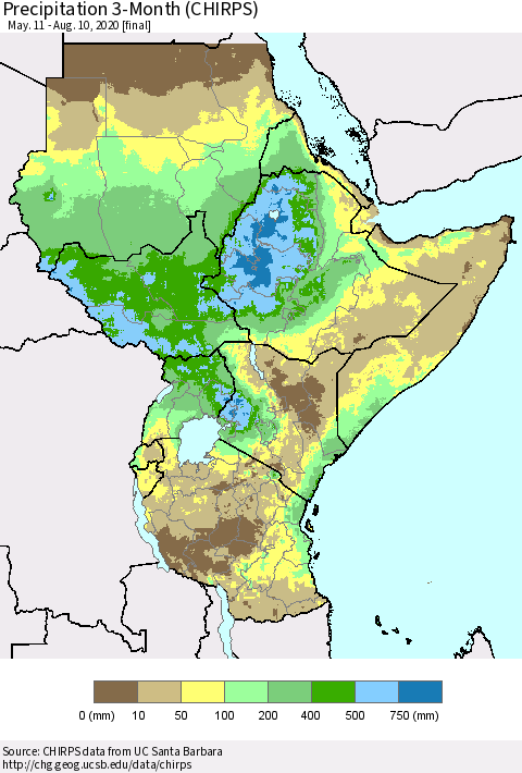 Eastern Africa Precipitation 3-Month (CHIRPS) Thematic Map For 5/11/2020 - 8/10/2020