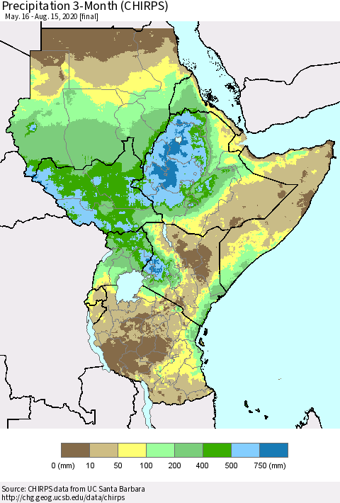 Eastern Africa Precipitation 3-Month (CHIRPS) Thematic Map For 5/16/2020 - 8/15/2020