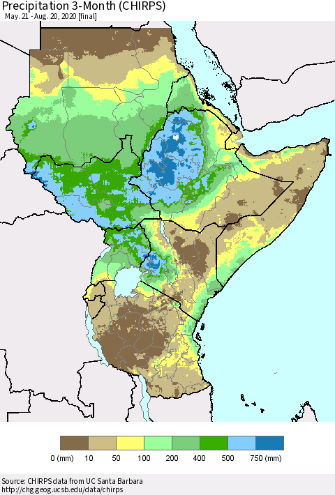 Eastern Africa Precipitation 3-Month (CHIRPS) Thematic Map For 5/21/2020 - 8/20/2020
