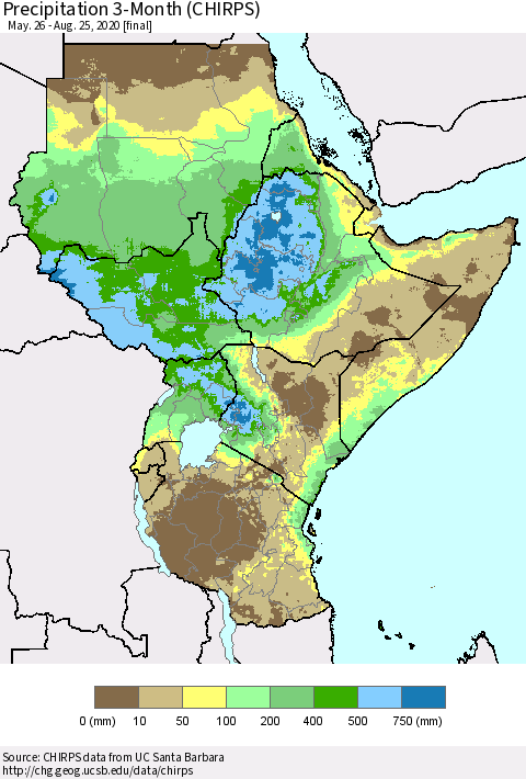 Eastern Africa Precipitation 3-Month (CHIRPS) Thematic Map For 5/26/2020 - 8/25/2020