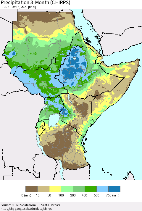 Eastern Africa Precipitation 3-Month (CHIRPS) Thematic Map For 7/6/2020 - 10/5/2020