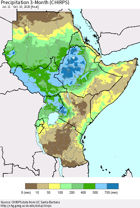 Eastern Africa Precipitation 3-Month (CHIRPS) Thematic Map For 7/11/2020 - 10/10/2020