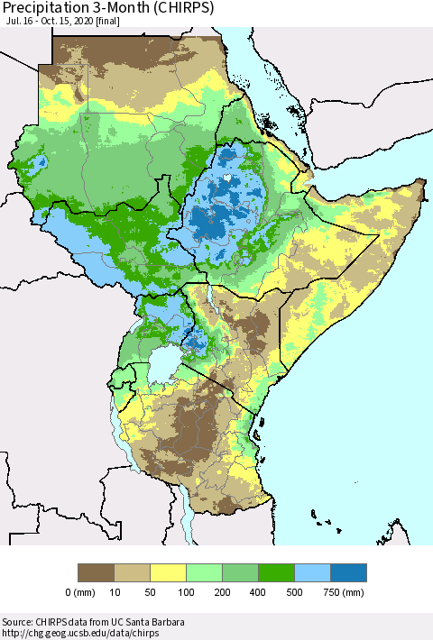 Eastern Africa Precipitation 3-Month (CHIRPS) Thematic Map For 7/16/2020 - 10/15/2020