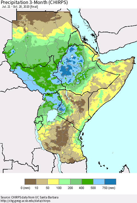 Eastern Africa Precipitation 3-Month (CHIRPS) Thematic Map For 7/21/2020 - 10/20/2020