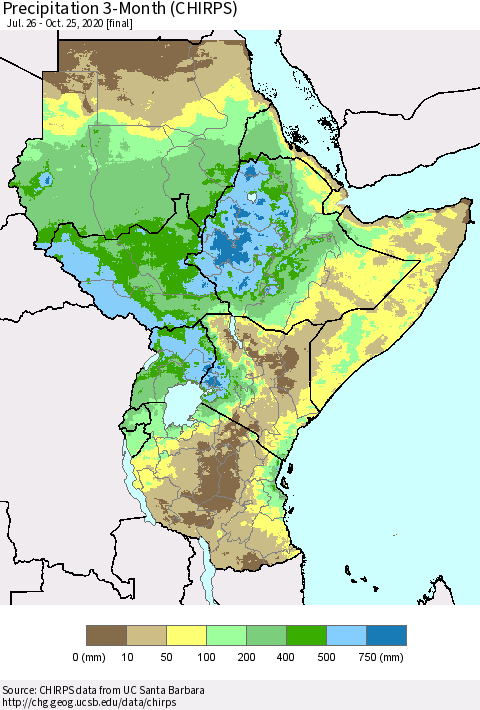 Eastern Africa Precipitation 3-Month (CHIRPS) Thematic Map For 7/26/2020 - 10/25/2020