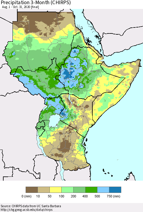 Eastern Africa Precipitation 3-Month (CHIRPS) Thematic Map For 8/1/2020 - 10/31/2020