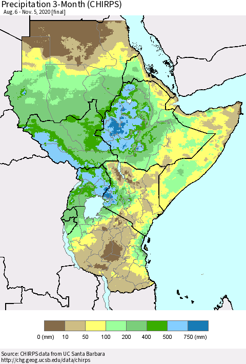 Eastern Africa Precipitation 3-Month (CHIRPS) Thematic Map For 8/6/2020 - 11/5/2020