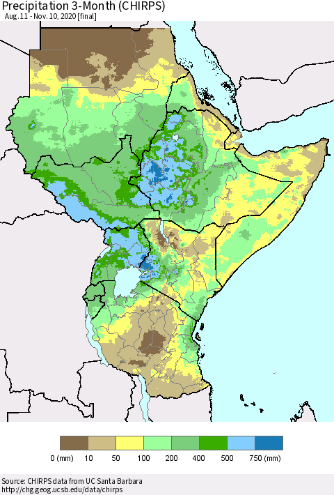 Eastern Africa Precipitation 3-Month (CHIRPS) Thematic Map For 8/11/2020 - 11/10/2020