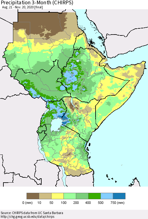 Eastern Africa Precipitation 3-Month (CHIRPS) Thematic Map For 8/21/2020 - 11/20/2020