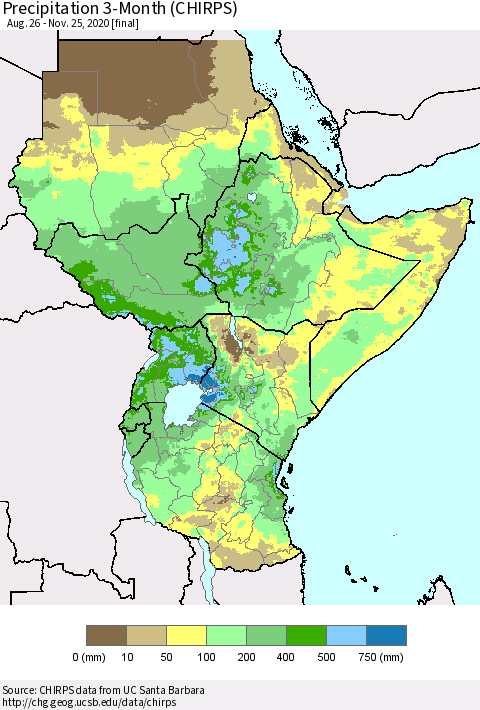 Eastern Africa Precipitation 3-Month (CHIRPS) Thematic Map For 8/26/2020 - 11/25/2020